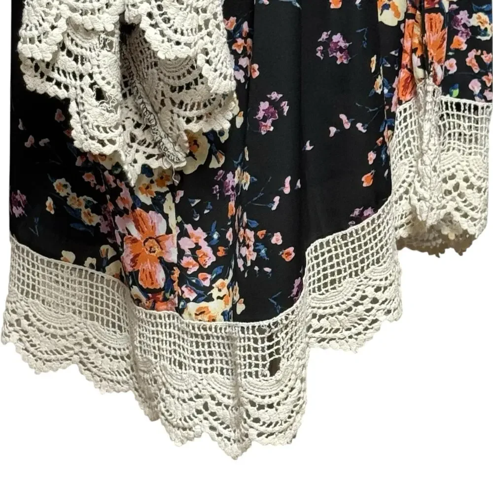 Umgee Open Front Kimono Cardigan Black Multicolor Floral Crochet Lace Med/Lg